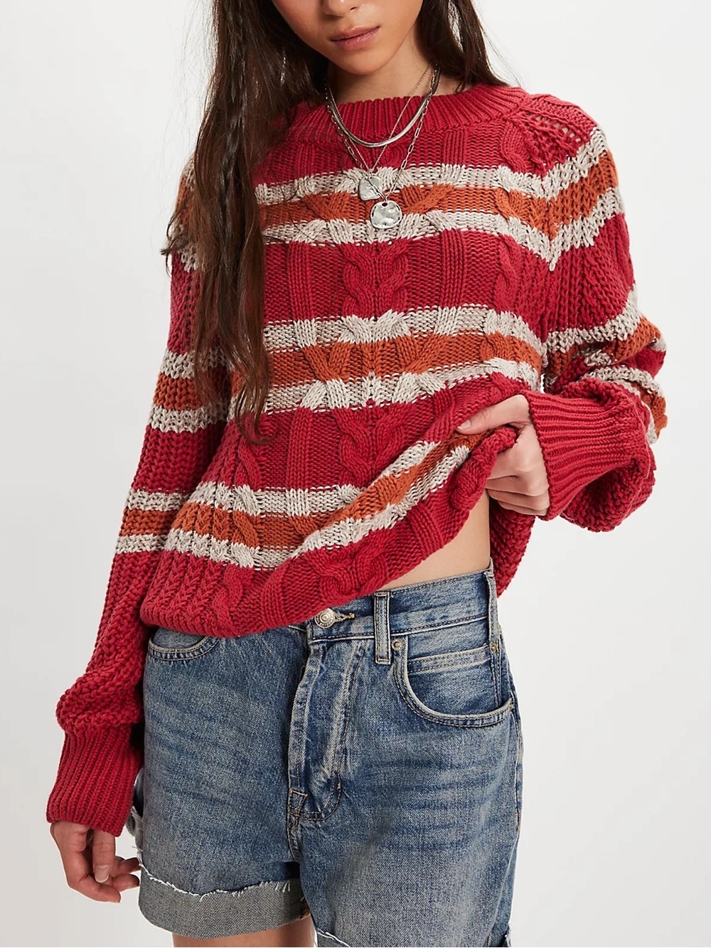 Free People Frankie Striped Cable Knit Sweater - Red Combo Stripes - Large